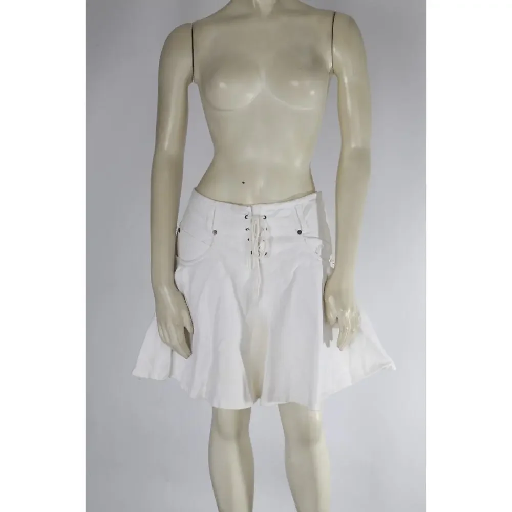 Vintage Contempo Casuals 90s White Lace-Up Front Drop-Waist Flare Mini Skirt S